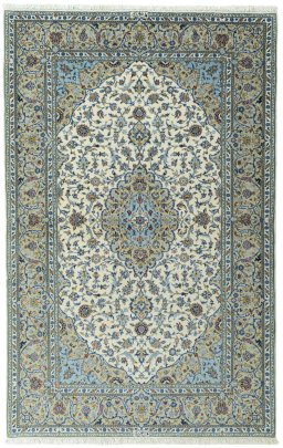 Full view of New Kashan rug from Iran / Persia, 226 × 143 cm in Beige tones