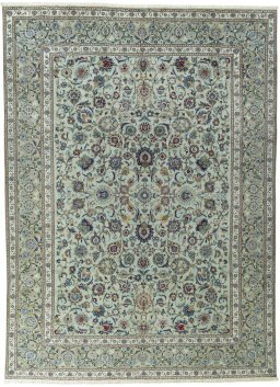 Full view of 1950s Kashan rug from Iran / Persia, 353 × 258 cm in Blue tones