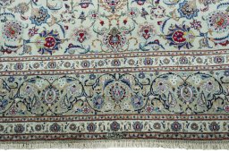 Full view of 1950s Kashan rug from Iran / Persia, 353 × 258 cm in Blue tones