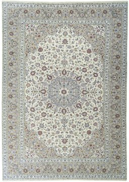 Full view of New Kashan rug from Iran / Persia, 415 × 297 cm in Beige tones