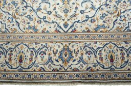 Full view of 2000s Kashan rug from Iran / Persia, 297 × 196 cm in Beige tones