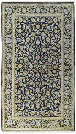 Full view of 1970s Kashan rug from Iran / Persia, 234 × 133 cm in Blue tones