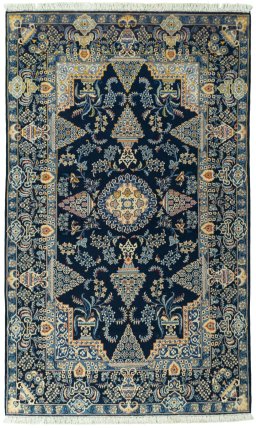 Full view of 2000s Kashan rug from Iran / Persia, 228 × 138 cm in Blue tones
