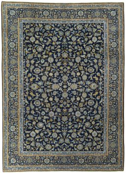 Full view of 1970s Kashan rug from Iran / Persia, 431 × 317 cm in Blue tones