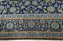 Full view of 1970s Kashan rug from Iran / Persia, 431 × 317 cm in Blue tones