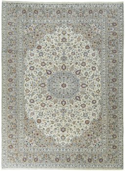 Full view of New Kashan rug from Iran / Persia, 396 × 294 cm in Beige tones