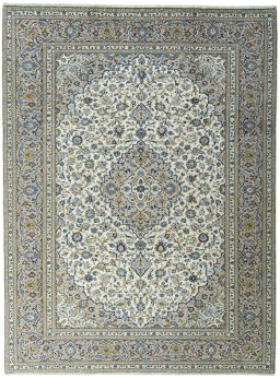 Full view of 2000s Kashan rug from Iran / Persia, 392 × 293 cm in Beige tones
