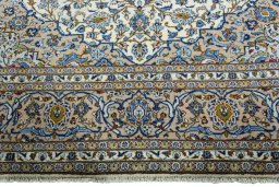 Full view of 2000s Kashan rug from Iran / Persia, 392 × 293 cm in Beige tones
