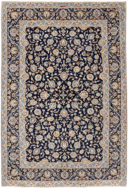 Full view of 1980s Kashan rug from Iran / Persia, 313 × 217 cm in Dark blue tones