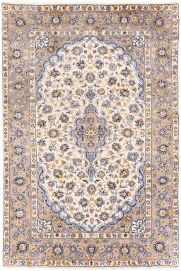 Full view of 1980s Kashan rug from Iran / Persia, 294 × 198 cm in Beige tones