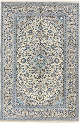 Full view of 1990s Kashan rug from Iran / Persia, 295 × 195 cm in Cream tones