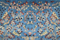 Full view of 1950s Kashan rug from Iran / Persia, 220 × 136 cm in Blue tones