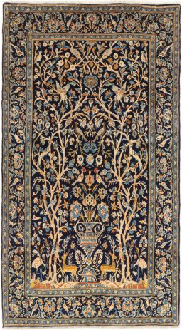 Full view of 1970s Kashan rug from Iran / Persia, 281 × 155 cm in Dark blue tones