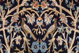 Full view of 1970s Kashan rug from Iran / Persia, 281 × 155 cm in Dark blue tones