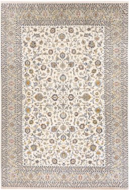 Full view of 1989s Kashan rug from Iran / Persia, 410 × 282 cm in Beige tones