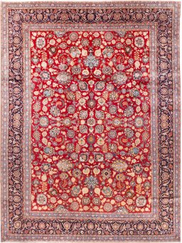 Full view of 1980s Kashan rug from Iran / Persia, 443 × 335 cm in Red tones