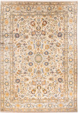 Full view of 1973s Kashan rug from Iran / Persia, 445 × 306 cm in Beige tones
