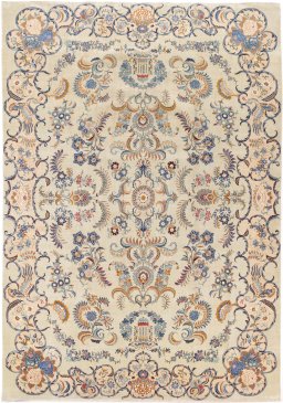 Full view of 1980s Kashan rug from Iran / Persia, 457 × 315 cm in Cream tones