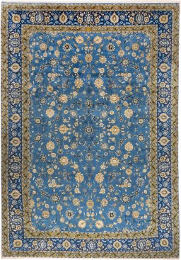 Full view of 1973s Kashan rug from Iran / Persia, 440 × 307 cm in Blue tones