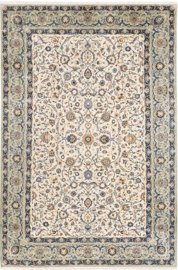 Full view of 1975s Kashan rug from Iran / Persia, 407 × 270 cm in Beige tones