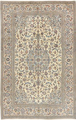 Full view of 2000s Kashan rug from Iran / Persia, 307 × 196 cm in Cream tones