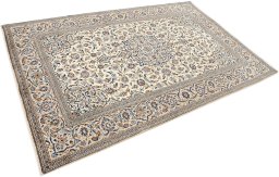 Corner detail of 2000s Kashan rug showing border pattern and Wool pile