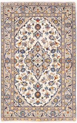 Full view of 2000s Kashan rug from Iran / Persia, 156 × 95 cm in Beige tones