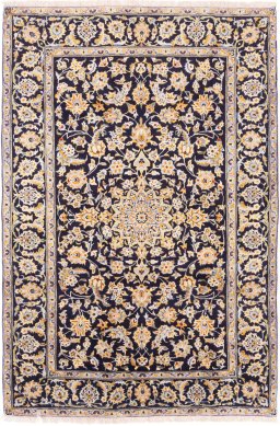 Full view of 1975s Kashan rug from Iran / Persia, 220 × 147 cm in Dark blue tones