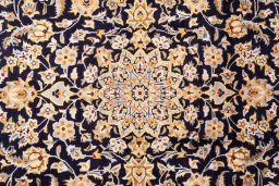 Full view of 1975s Kashan rug from Iran / Persia, 220 × 147 cm in Dark blue tones