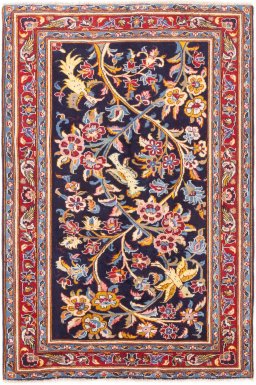 Full view of 1980s Kashan rug from Iran / Persia, 150 × 100 cm in Dark blue tones