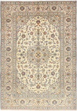 Full view of 1990s Kashan rug from Iran / Persia, 298 × 210 cm in Cream tones