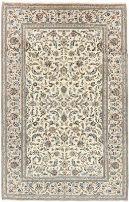 Full view of 2000s Kashan rug from Iran / Persia, 300 × 196 cm in Cream tones
