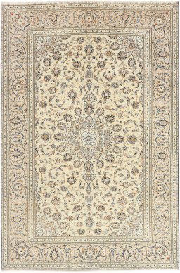 Full view of 2000s Kashan rug from Iran / Persia, 296 × 196 cm in Cream tones