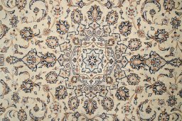 Full view of 2000s Kashan rug from Iran / Persia, 296 × 196 cm in Cream tones