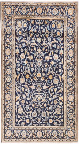 Full view of 1979s Kashan rug from Iran / Persia, 193 × 105 cm in Dark blue tones