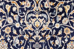 Full view of 1979s Kashan rug from Iran / Persia, 193 × 105 cm in Dark blue tones