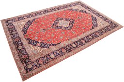 Corner detail of 2000s Kashan rug showing border pattern and Wool pile