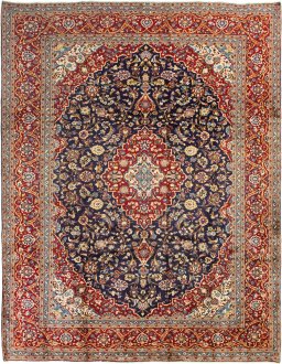 Full view of 1990s Kashan rug from Iran / Persia, 395 × 305 cm in Dark blue tones