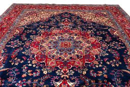 Full view of 1990s Kashan rug from Iran / Persia, 385 × 295 cm in Dark blue tones