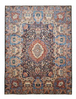 Full view of 2000s Kashmar rug from Iran / Persia, 393 × 300 cm in Blue tones