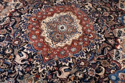 Full view of 2000s Kashmar rug from Iran / Persia, 393 × 300 cm in Blue tones
