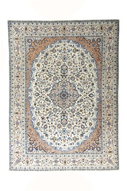 Full view of 2000s Kashmar rug from Iran / Persia, 393 × 287 cm in Beige tones