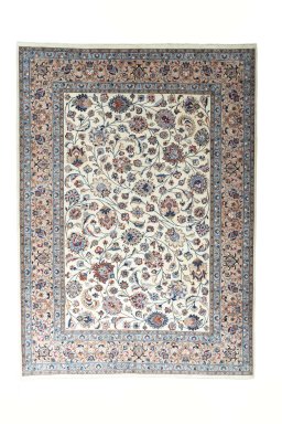 Full view of New Kashmar rug from Iran / Persia, 344 × 250 cm in Beige tones