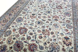Backside of handmade New Kashmar rug showing knot structure and weave density