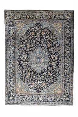 Full view of 2000s Kashmar rug from Iran / Persia, 407 × 295 cm in Blue tones