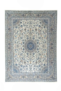 Full view of 2000s Kashmar rug from Iran / Persia, 407 × 296 cm in Beige tones