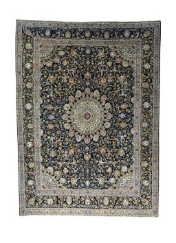 Full view of 2000s Kashmar rug from Iran / Persia, 405 × 300 cm in Blue tones