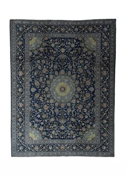 Full view of 2000s Kashmar rug from Iran / Persia, 385 × 292 cm in Blue tones
