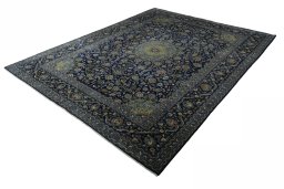Corner detail of 2000s Kashmar rug showing border pattern and Wool pile