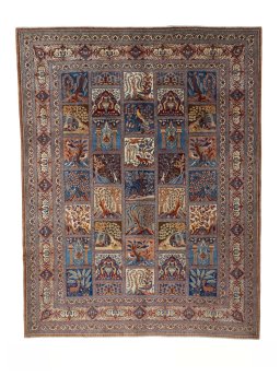Full view of 2000s Kashmar rug from Iran / Persia, 392 × 302 cm in Multi Color tones